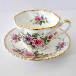 Vintage Queens Rosina Fine Bone China Tea Cup Saucer Set, Pink Roses & Gold Trim